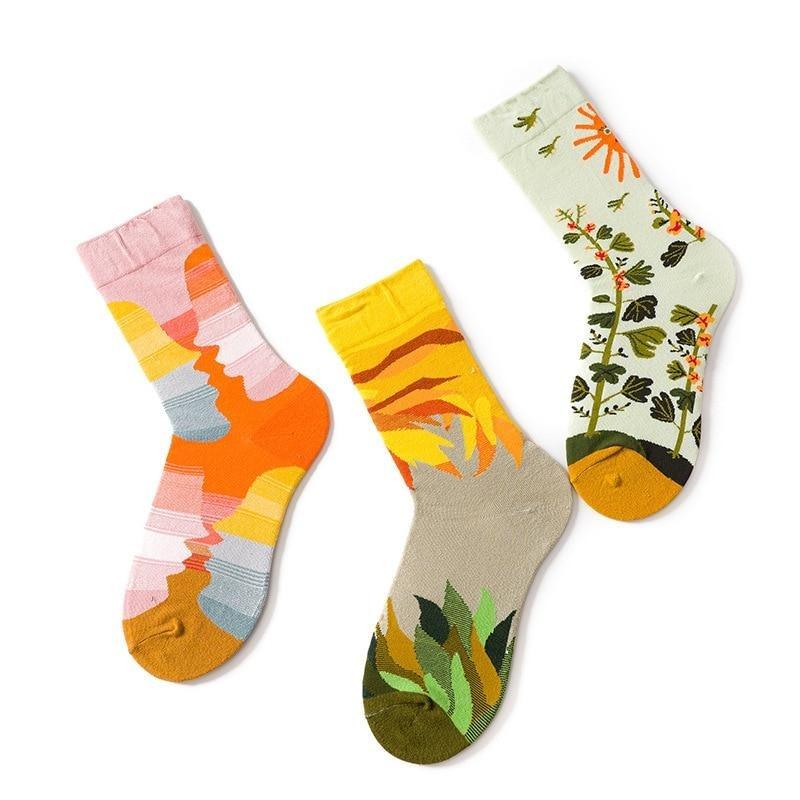 Novelty Happy Funny Women Graphic Short Socks Socks Combed Out Of Pure Cotton Art Abstract Oil Painting Socks French Style Crew Socks For Men And Women