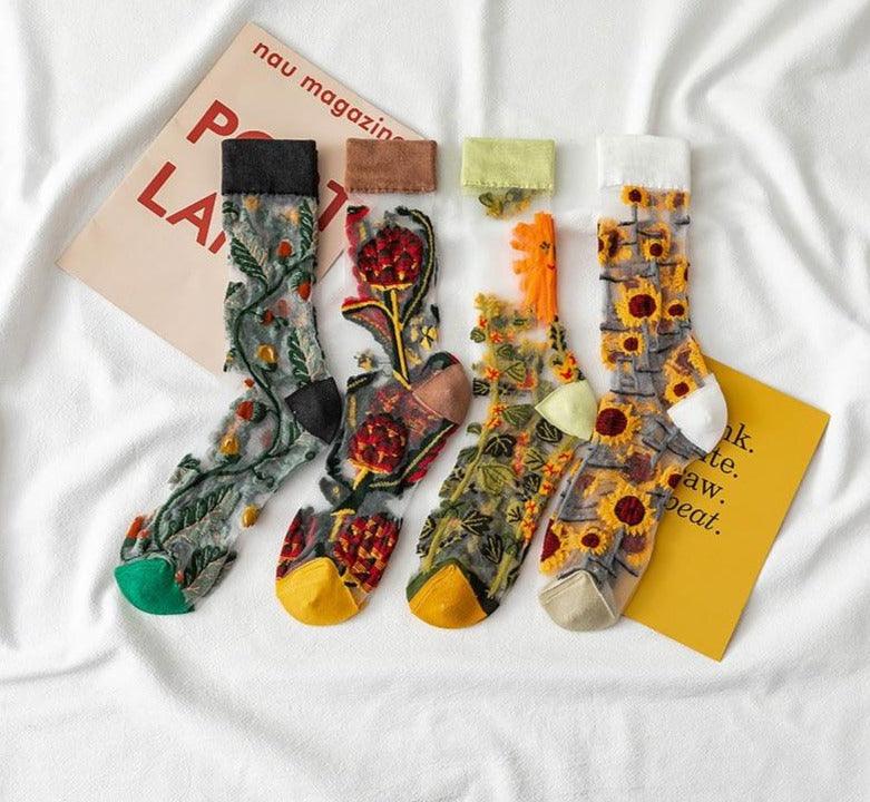 Novelty Harajuku Crystal Silk Tide Socks Funny Sunflowers Vines Flowers Happy Socks Casual High Quality Socks for Women - ALLURELATION - 3D socks, 500, ankle socks, casual socks, cute socks, female socks, flower socks, happy socks, invisible socks, see through socks, short socks, silk tide socks, Socks, socks for girls, socks for women, sunflower socks - Stevvex.com