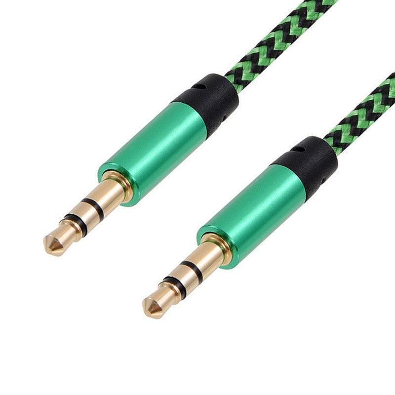 Nylon Braided 1m 3.5 mm Aux Audio Cable Jack For Mobile Car Headphones Speakers - STEVVEX Cable - 1 pcs adapter, 220, 3.5mm audio extension, 3.5mm audio extension cable, Adapter cables, audio cable, cable for car music, cable for mobile, cable for phone, green aux cable, jack aux cable, male to male car aux, nylon braided wire, silver aux cable - Stevvex.com