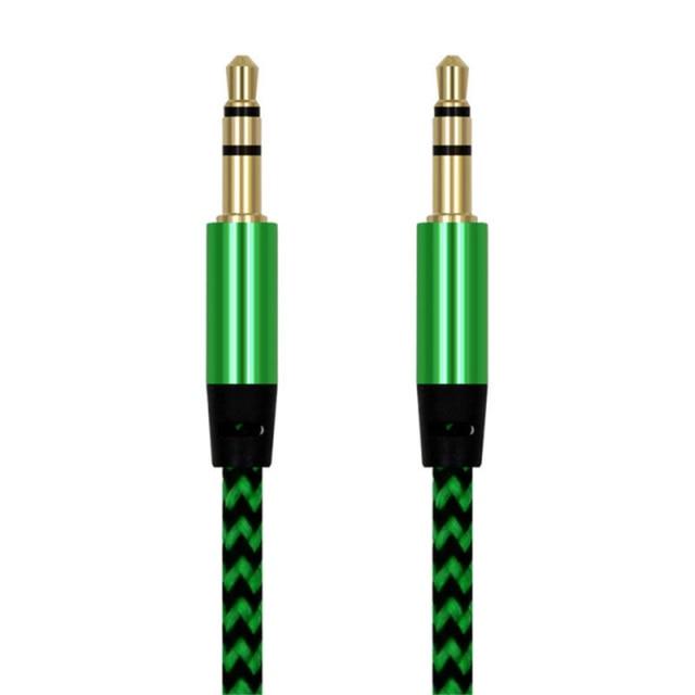 Nylon Braided 1m 3.5 mm Aux Audio Cable Jack For Mobile Car Headphones Speakers - STEVVEX Cable - 1 pcs adapter, 220, 3.5mm audio extension, 3.5mm audio extension cable, Adapter cables, audio cable, cable for car music, cable for mobile, cable for phone, green aux cable, jack aux cable, male to male car aux, nylon braided wire, silver aux cable - Stevvex.com