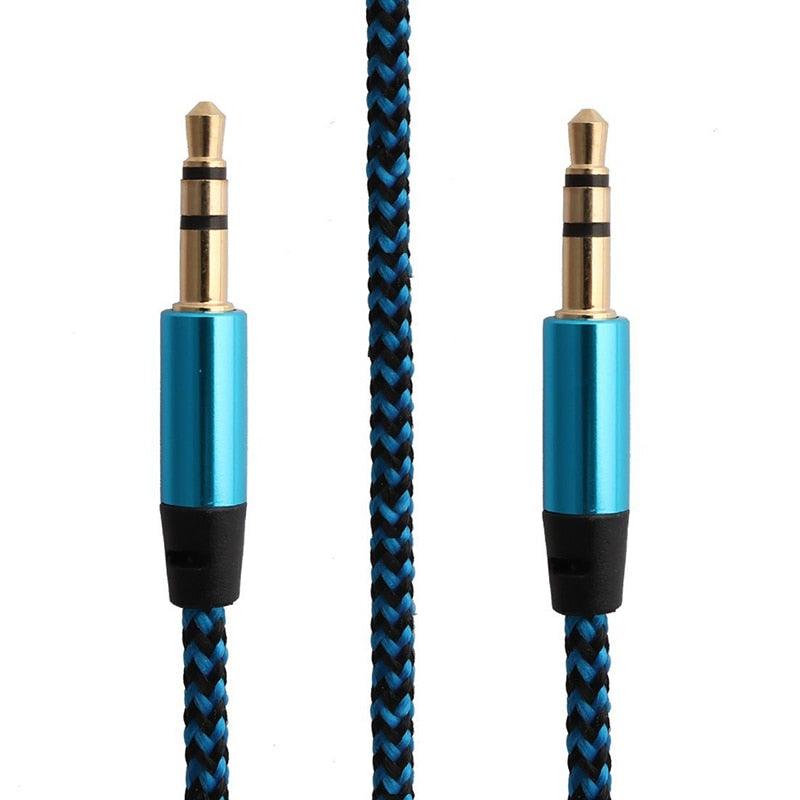 Nylon Braided 1m 3.5 mm Aux Audio Cable Jack For Mobile Car Headphones Speakers - STEVVEX Cable - 1 pcs adapter, 220, 3.5mm audio extension, 3.5mm audio extension cable, Adapter cables, audio cable, cable for car music, cable for mobile, cable for phone, green aux cable, jack aux cable, male to male car aux, nylon braided wire, silver aux cable - Stevvex.com