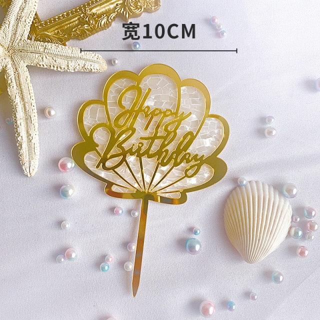 Ocean Acrylic Cake Toppers Topper Happy Birthday Cake Picks DIY Cake Insert Topper Cup Cake Toothpick Party Wedding Birthday Cake Decoration Decorating Card Birthday Shell Cake Topper DIY Wedding Party Gift Cupcake Insert Card