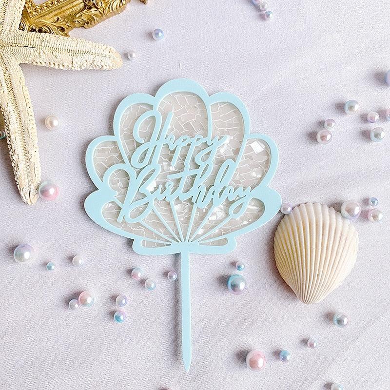 Ocean Acrylic Cake Toppers Topper Happy Birthday Cake Picks DIY Cake Insert Topper Cup Cake Toothpick Party Wedding Birthday Cake Decoration Decorating Card Birthday Shell Cake Topper DIY Wedding Party Gift Cupcake Insert Card