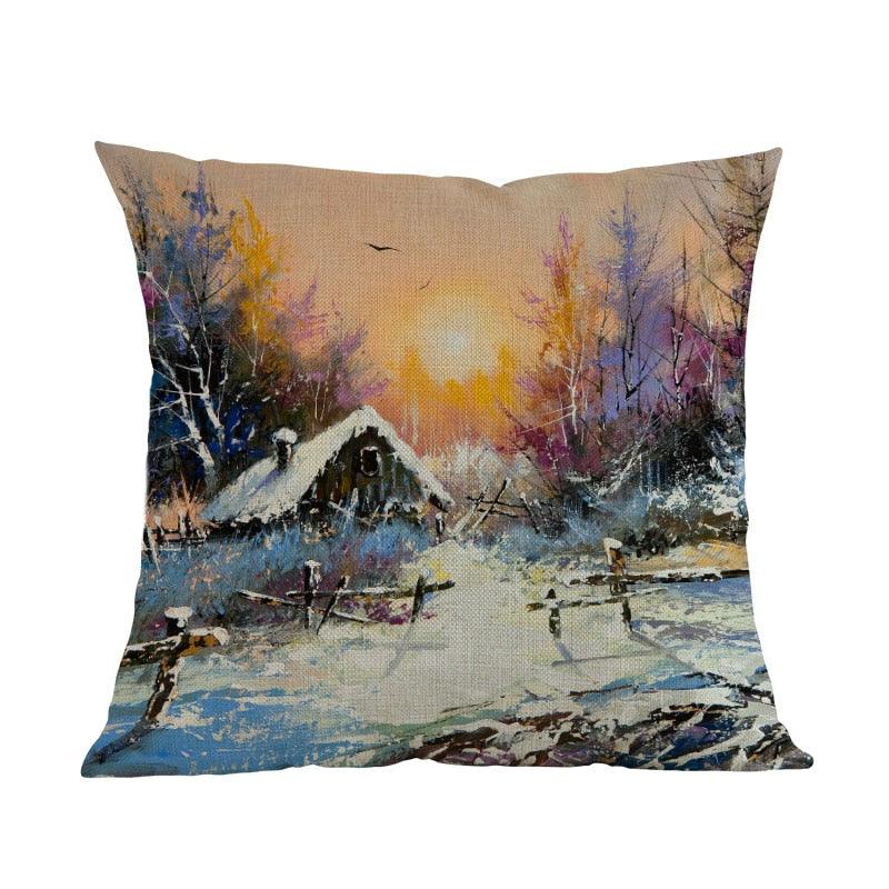 Oil Painting Style Pillow Covers Winter Rural Landscape Cabins Woods And Rivers In Snow Linen Cotton Pillow Case Home Sofa Decoration Cushion Cover Woodland Tree Decorative Throw Pillow Covers Square Outdoor Pillow Case 45X45CM