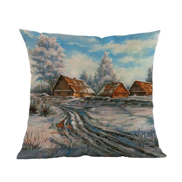 Oil Painting Style Pillow Covers Winter Rural Landscape Cabins Woods And Rivers In Snow Linen Cotton Pillow Case Home Sofa Decoration Cushion Cover Woodland Tree Decorative Throw Pillow Covers Square Outdoor Pillow Case 45X45CM