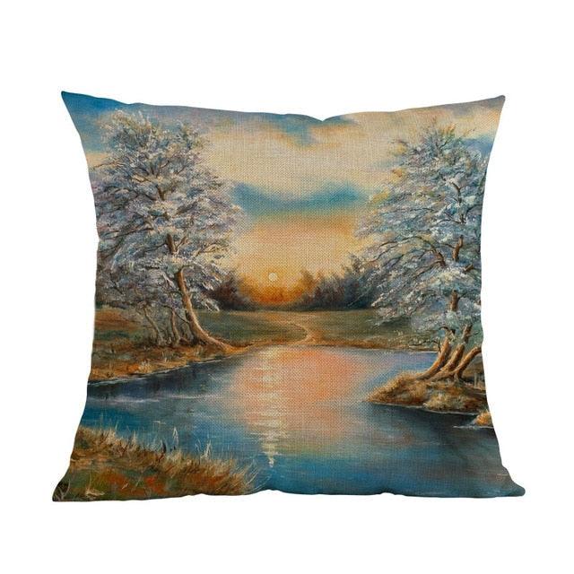 Oil Painting Style Pillow Covers Winter Rural Landscape Cabins Woods And Rivers In Snow Linen Cotton Pillow Case Home Sofa Decoration Cushion Cover Woodland Tree Decorative Throw Pillow Covers Square Outdoor Pillow Case 45X45CM