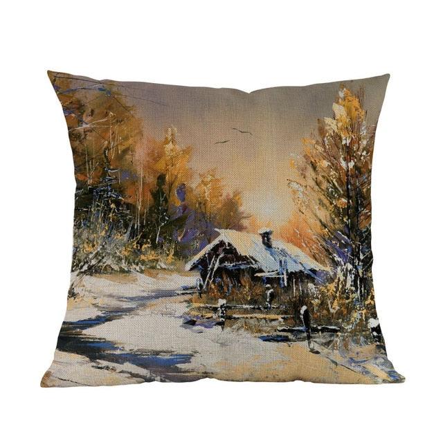 Oil Painting Style Pillow Covers Winter Rural Landscape Cabins Woods And Rivers In Snow Linen Cotton Pillow Case Home Sofa Decoration Cushion Cover Woodland Tree Decorative Throw Pillow Covers Square Outdoor Pillow Case 45X45CM