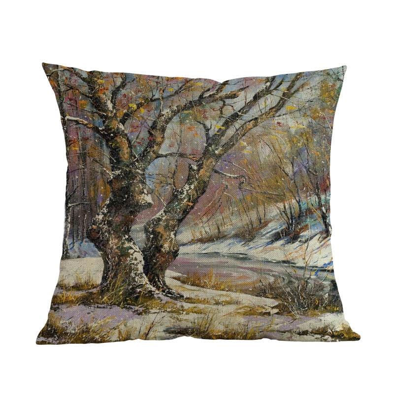 Oil Painting Style Pillow Covers Winter Rural Landscape Cabins Woods And Rivers In Snow Linen Cotton Pillow Case Home Sofa Decoration Cushion Cover Woodland Tree Decorative Throw Pillow Covers Square Outdoor Pillow Case 45X45CM