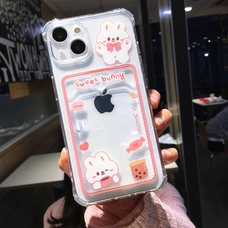 Orange Cute Cartoon Bear Rabbit Clear Phone Case For iPhone 14 Pro Max 13 12 11 X XR XS 7 8 Plus Card Holder Wallet Shockproof Cover Cartoon Soft iPhone Case