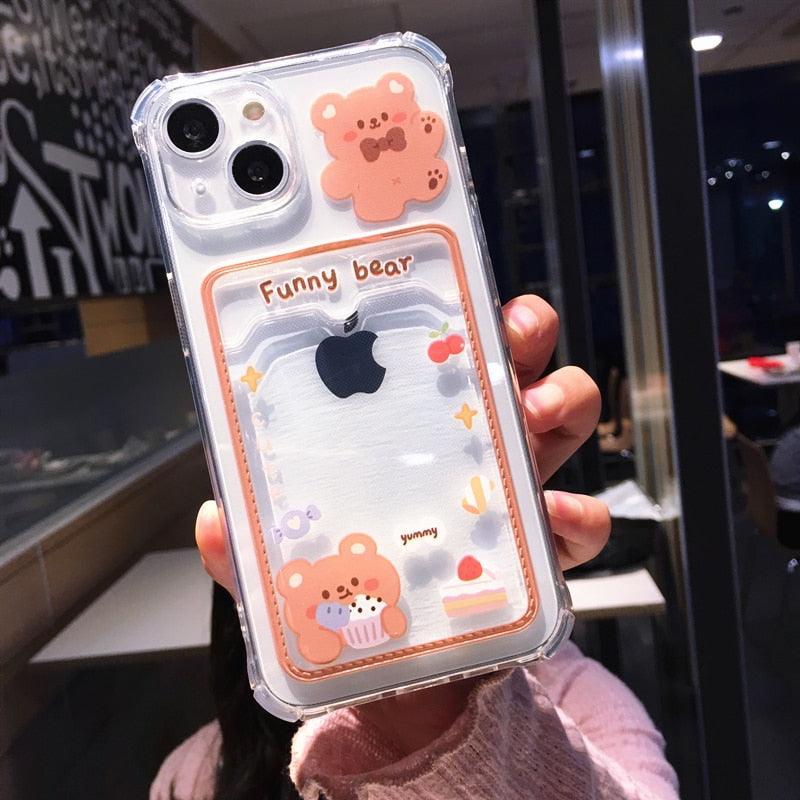 Orange Cute Cartoon Bear Rabbit Clear Phone Case For iPhone 14 Pro Max 13 12 11 X XR XS 7 8 Plus Card Holder Wallet Shockproof Cover Cartoon Soft iPhone Case