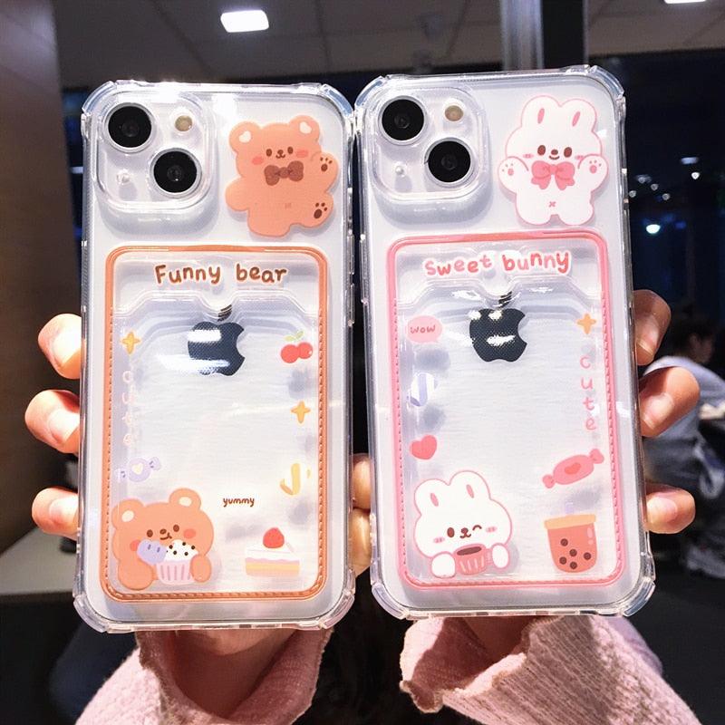 Orange Cute Cartoon Bear Rabbit Clear Phone Case For iPhone 14 Pro Max 13 12 11 X XR XS 7 8 Plus Card Holder Wallet Shockproof Cover Cartoon Soft iPhone Case