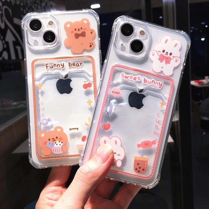 Orange Cute Cartoon Bear Rabbit Clear Phone Case For iPhone 14 Pro Max 13 12 11 X XR XS 7 8 Plus Card Holder Wallet Shockproof Cover Cartoon Soft iPhone Case