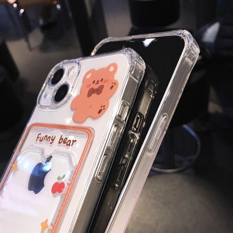 Orange Cute Cartoon Bear Rabbit Clear Phone Case For iPhone 14 Pro Max 13 12 11 X XR XS 7 8 Plus Card Holder Wallet Shockproof Cover Cartoon Soft iPhone Case