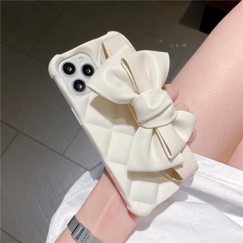 Oversized Beautiful Cute Bowknot Ribbon Cute Unique Pattern Case Soft Lightweight Leather Wrist Holder Stand Soft Phone Case For iPhone 14 13 7 8 Plus X XS XR MAX 11 Pro Phone Case