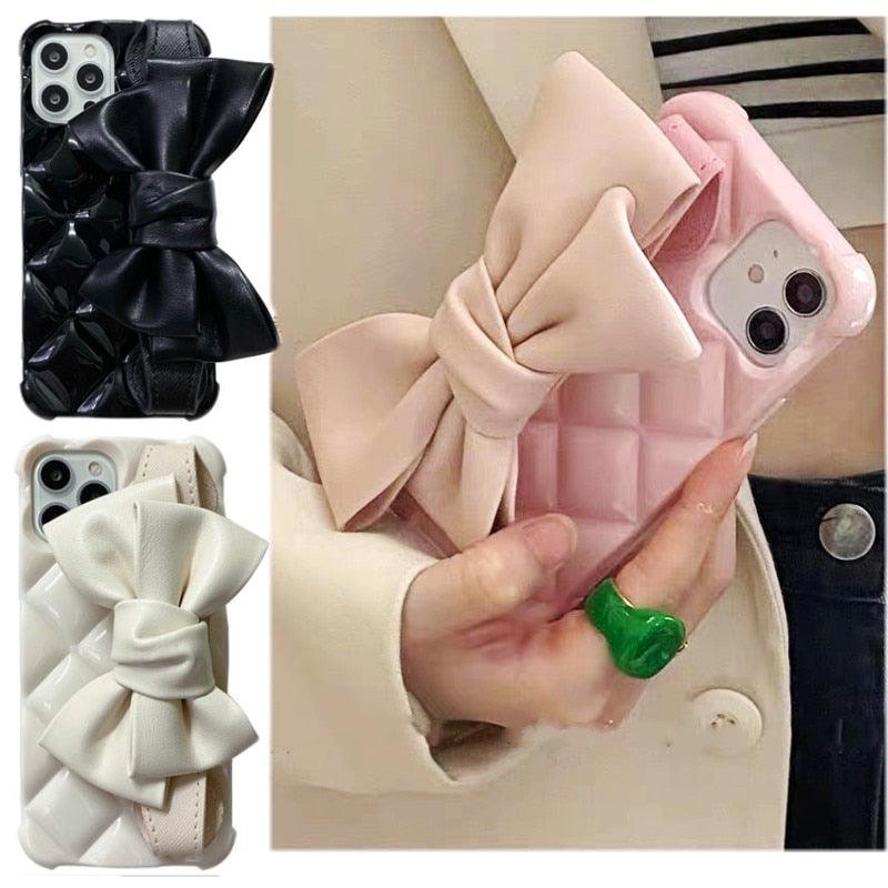 Oversized Beautiful Cute Bowknot Ribbon Cute Unique Pattern Case Soft Lightweight Leather Wrist Holder Stand Soft Phone Case For iPhone 14 13 7 8 Plus X XS XR MAX 11 Pro Phone Case