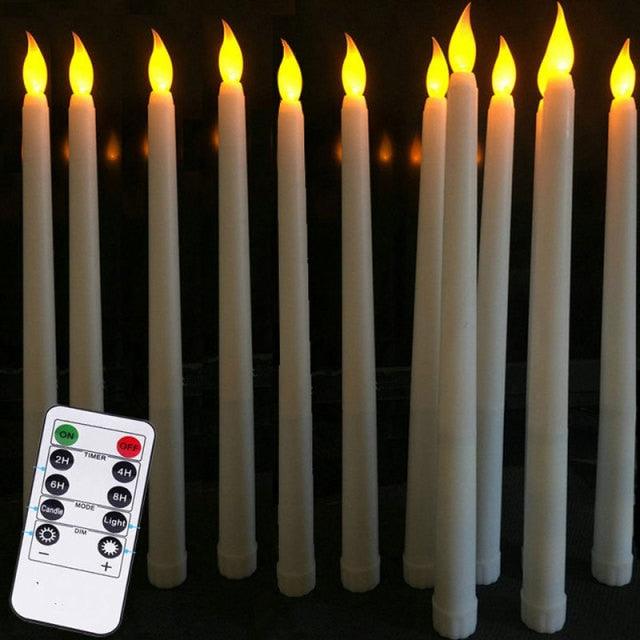 Pack of 12 Yellow Flickering Remote LED Candles Plastic Flameless Remote Taper Candles Flameless Ivory Taper Candles Flickering Battery Operated Led Warm 3D Wick Light Window Candles Real Led For Dinner Party Decoration