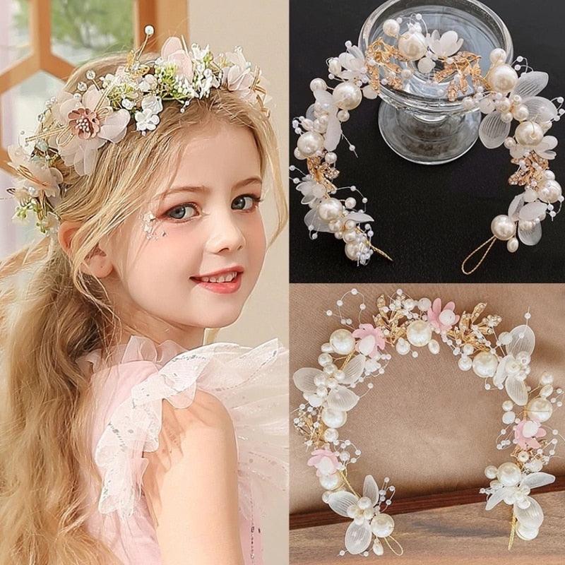 Pearl Flower Wreath Headband Girls Bridal Elegant Crowns Hair Headdress Bride Head Hoop Wedding Headbands Hair Jewelry Handmade Tiara Bridal Hair Bands Wedding Hair Accessories Gift Headpieces Hair Styling Accessories