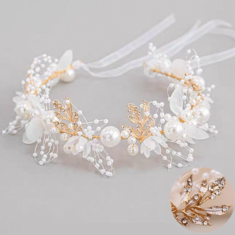 Pearl Flower Wreath Headband Girls Bridal Elegant Crowns Hair Headdress Bride Head Hoop Wedding Headbands Hair Jewelry Handmade Tiara Bridal Hair Bands Wedding Hair Accessories Gift Headpieces Hair Styling Accessories