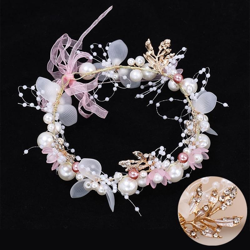 Pearl Flower Wreath Headband Girls Bridal Elegant Crowns Hair Headdress Bride Head Hoop Wedding Headbands Hair Jewelry Handmade Tiara Bridal Hair Bands Wedding Hair Accessories Gift Headpieces Hair Styling Accessories