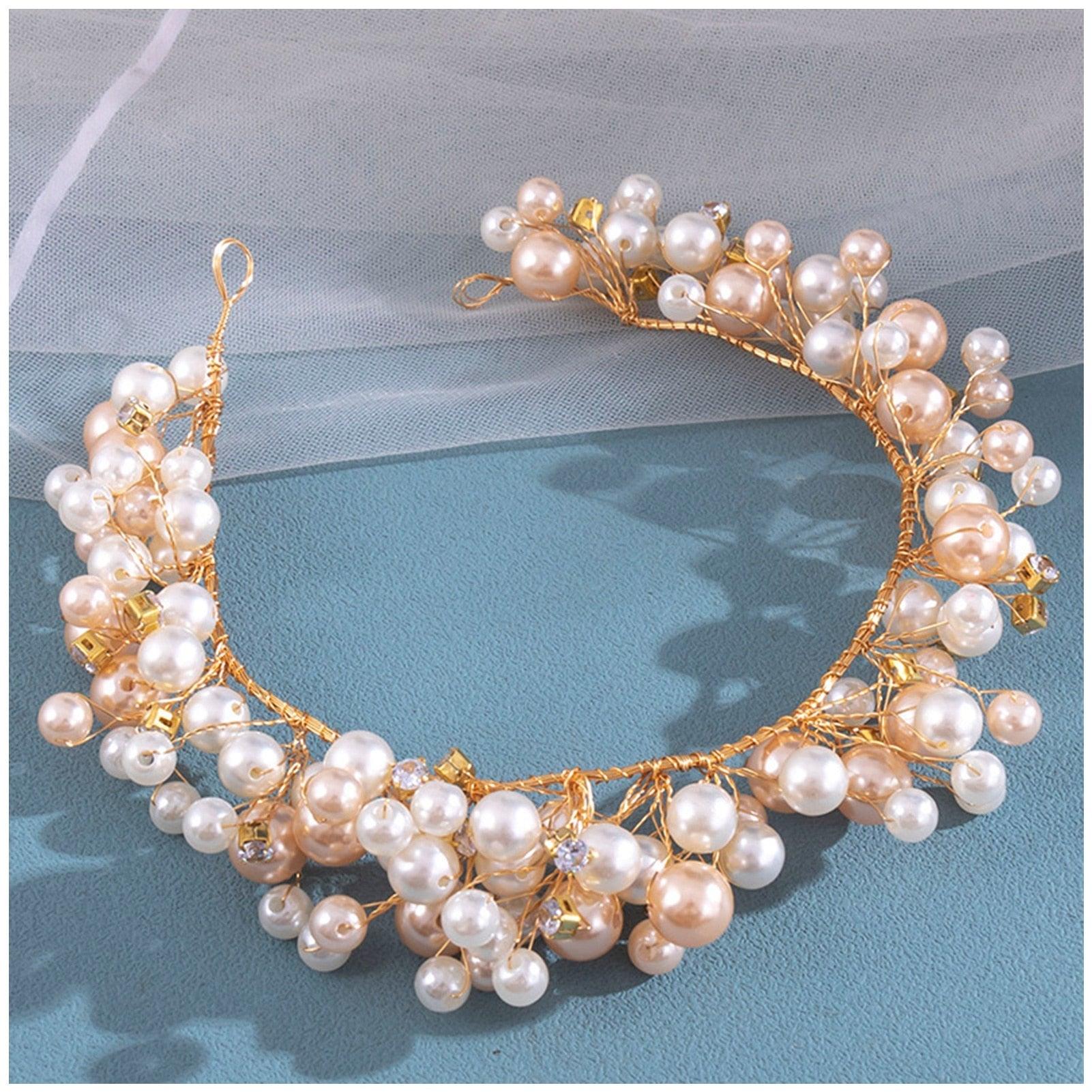 Pearls Headbands For Women Girls Bride Wedding Hairbands White Flower Tiaras And Crowns Fashion Headdress Hair Jewelry Luxurious Pearl Rhinestone Hair Jewelry For Women Handmade Tiara Bridal Hair Bands Wedding Hair Accessories