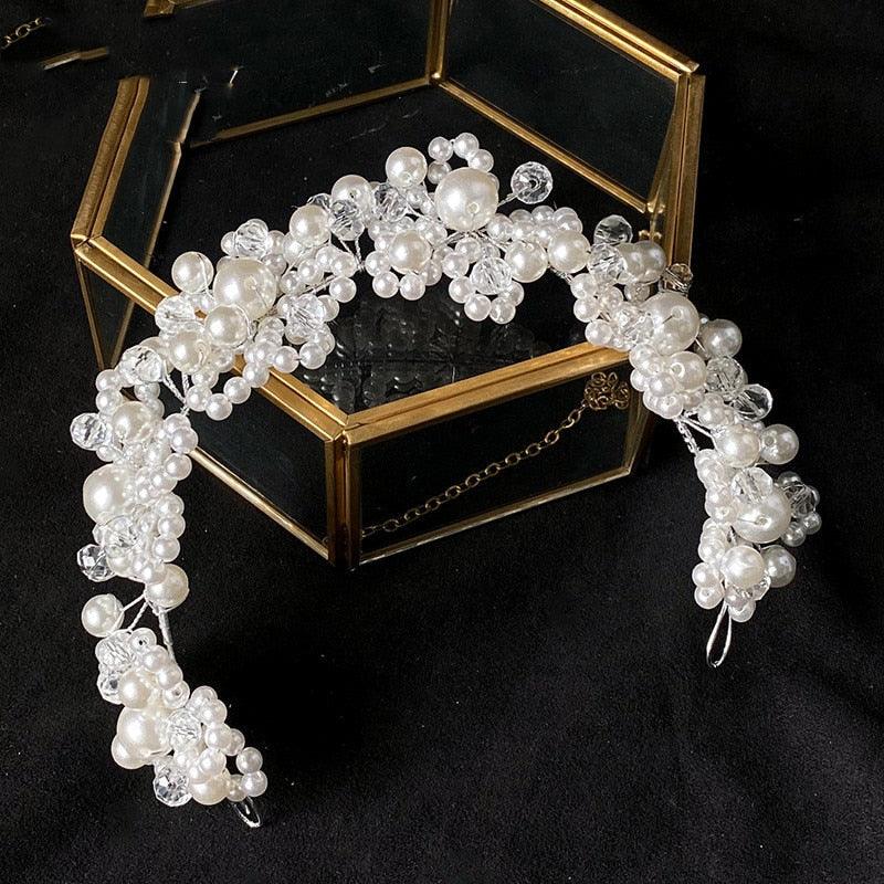 Pearls Headbands For Women Girls Bride Wedding Hairbands White Flower Tiaras And Crowns Fashion Headdress Hair Jewelry Luxurious Pearl Rhinestone Hair Jewelry For Women Handmade Tiara Bridal Hair Bands Wedding Hair Accessories