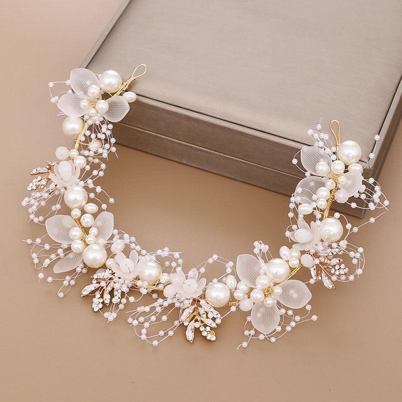 Pearls Headbands For Women Girls Bride Wedding Hairbands White Flower Tiaras And Crowns Fashion Headdress Hair Jewelry Luxurious Pearl Rhinestone Hair Jewelry For Women Handmade Tiara Bridal Hair Bands Wedding Hair Accessories