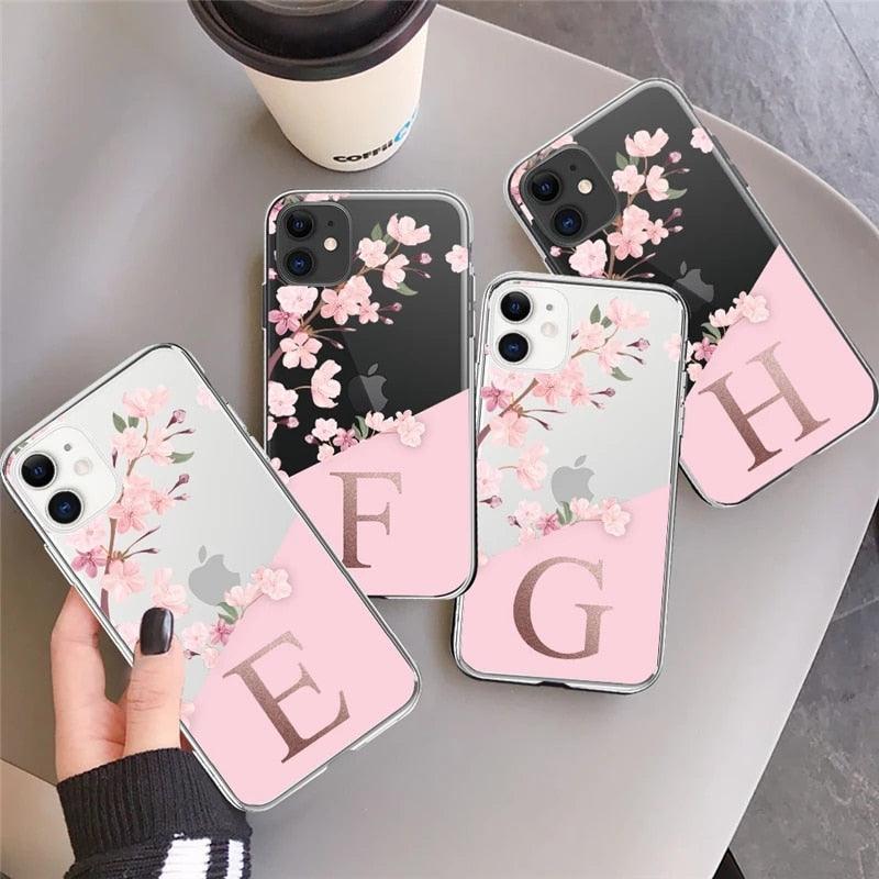 Pink Flowers Initial Letter A To Z Transparent Phone Case for iphone 11 13 Pro Max 12 Pro Max 7 8 Plus XS Max X XR Soft Cover Transparent Soft Ultra Slim Anti-Scratch Bumper Protective Cover