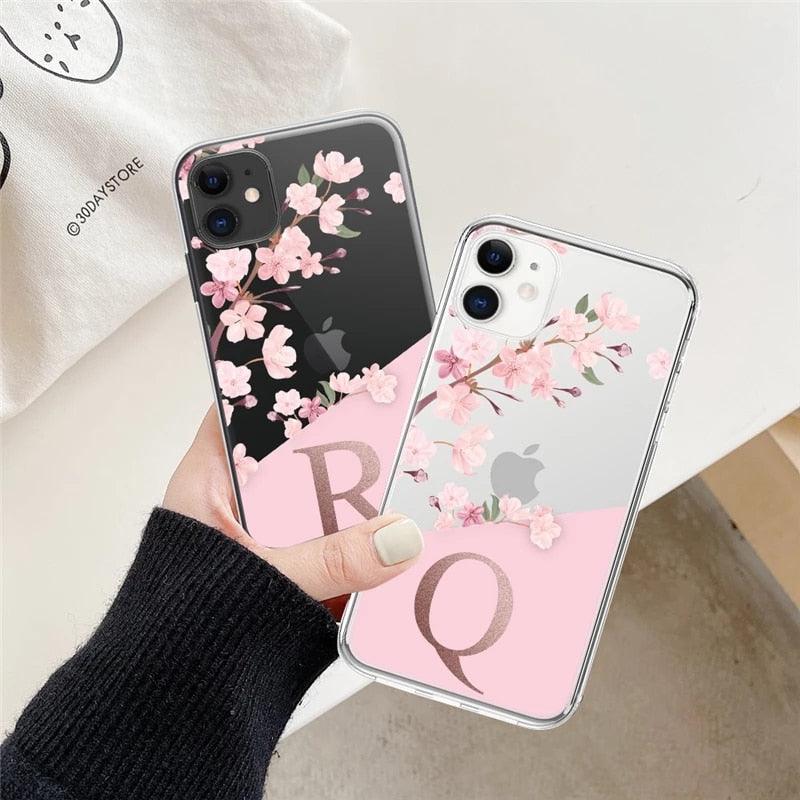 Pink Flowers Initial Letter A To Z Transparent Phone Case for iphone 11 13 Pro Max 12 Pro Max 7 8 Plus XS Max X XR Soft Cover Transparent Soft Ultra Slim Anti-Scratch Bumper Protective Cover