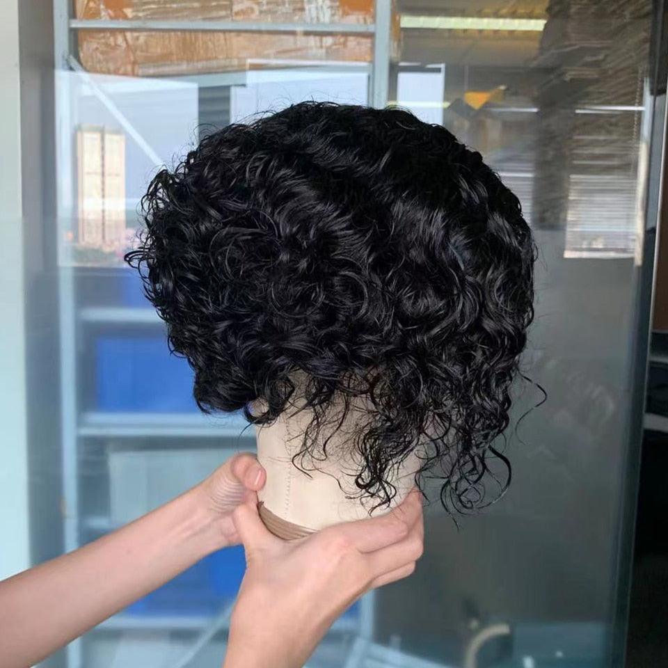 Pixie Cut Short Curly Lace Front Human Hair Wigs for Black Women Brazilian Water Deep Wave Side Part Bob Wig Transparent Lace Wigs For Black Women Gifts for Girlfriends