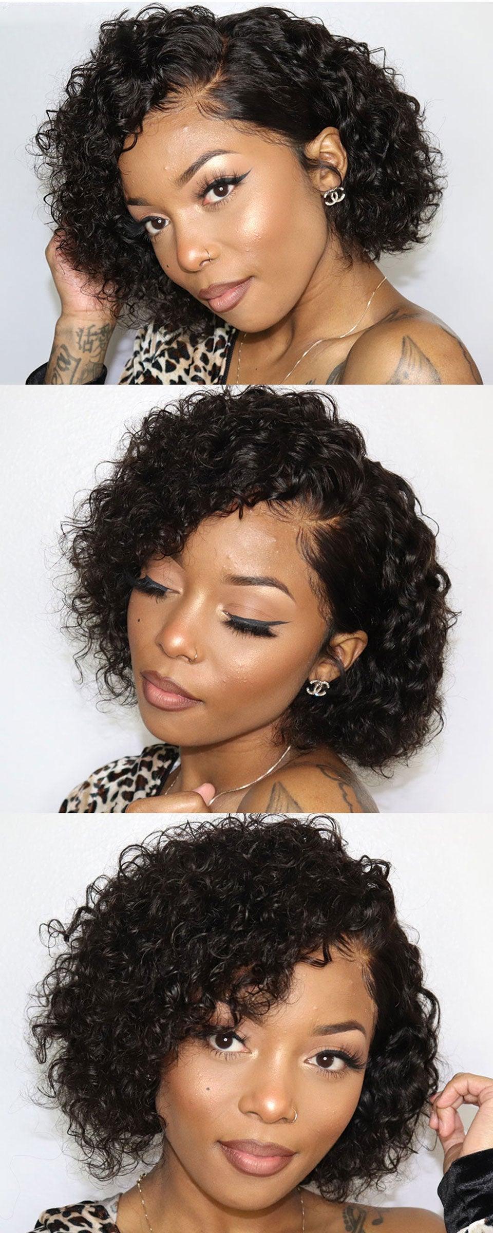 Pixie Cut Short Curly Lace Front Human Hair Wigs for Black Women Brazilian Water Deep Wave Side Part Bob Wig Transparent Lace Wigs For Black Women Gifts for Girlfriends