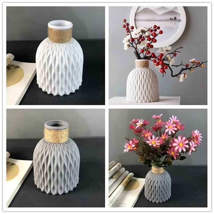 Plastic Vases Anti-ceramic Unbreakable Basket Imitation Rattan Flower Vase For Home Décor Desktop Decoration Living Room Office or Bookshelf