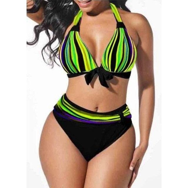 Plus Size Neon Striped Bikini Set Push Up Women High Waist Bikini Set Halter Two Piece Bathing Suits Crisscross Tummy Control Swimsuit Push Up Swimwear Women High Waist Halter Beach Swimwear Retro Bathing Suit Swimming Suit