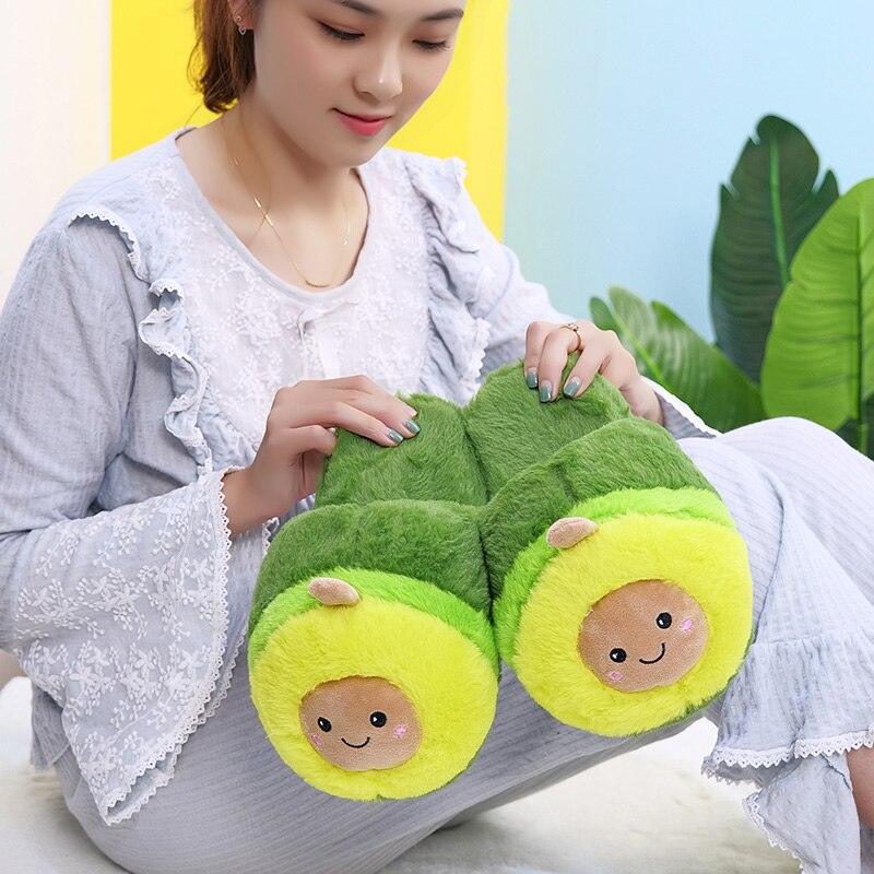 Plush Avocado Slippers Fruit Toys Cute Warm Winter Shoes Women Indoor Household Slippers With Fuzzy Plush Faux Fur Comfy Memory Foam Slip On House Shoes