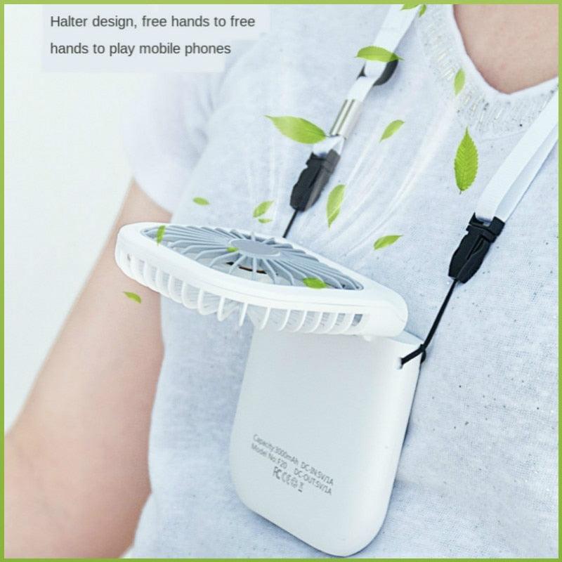 Portable Air Conditioner Hanging Neck Fan With 3000mAh Power Bank Mini Folding USB Handheld Desk Air Cooler Fan Personal Foldable USB Rechargeable Fan Operated for Home Office Outdoor Travel