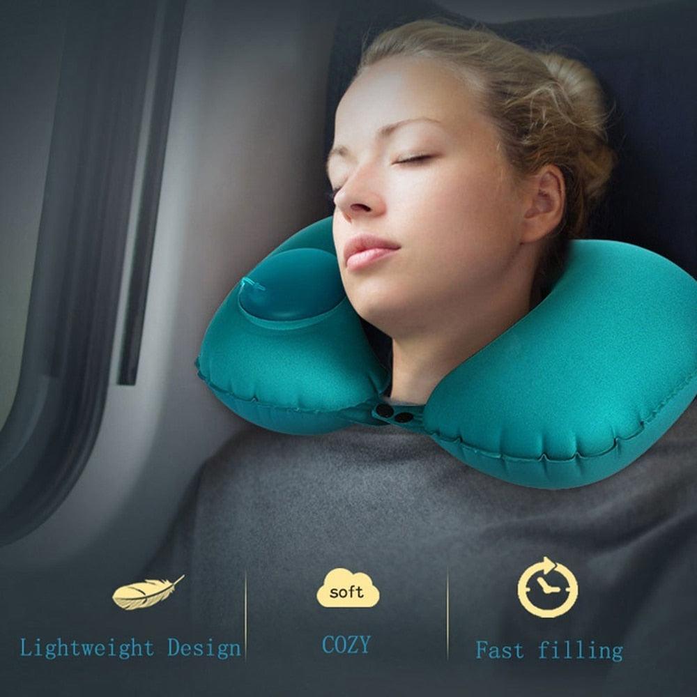 Portable U-Shape Inflatable Travel Pillow Car Head Rest Air Cushion for Travel Office Nap Head Rest Air Cushion Neck Pillow  Inflatable Travel Neck Pillows Hand Press U-Shaped Headrest Cushion Compressible Ergonomic Inflating Pillows for Neck Support