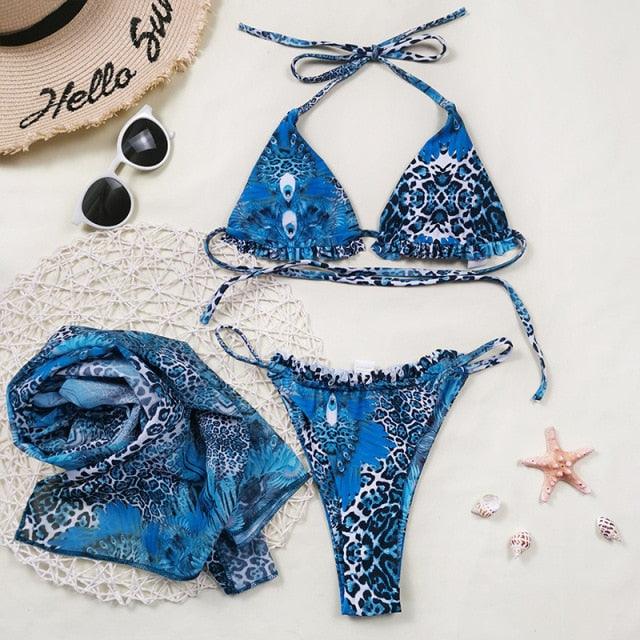 Print Swimsuit 3 Piece Mesh Bikini Set  Women's Ribbed Floral Bikini Set Tie Side Swimsuit Cover Ups Daisy Butterfly Print Three Piece Bikini Swimwear Triangle Micro Bikini String Halter Swimwear Women Low Waist Bathing Suit