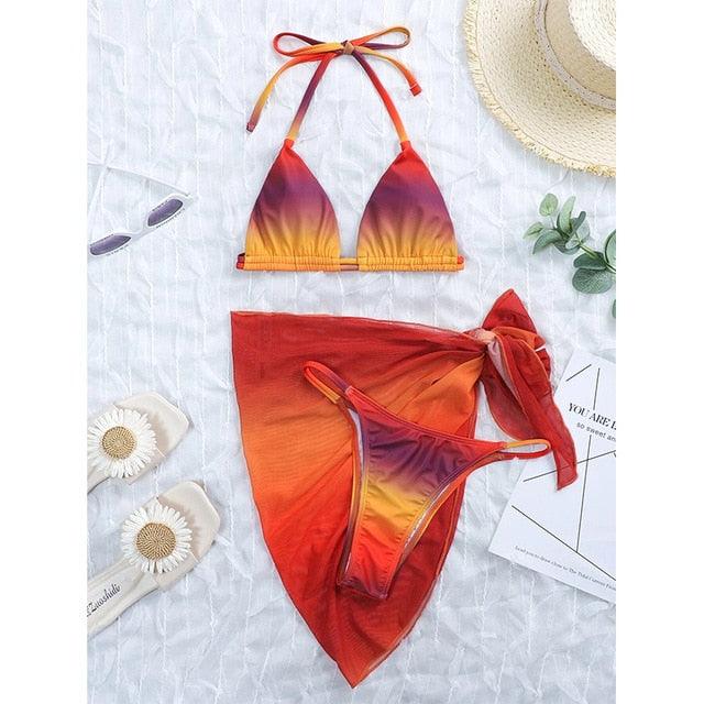 Print Swimsuit 3 Piece Mesh Bikini Set  Women's Ribbed Floral Bikini Set Tie Side Swimsuit Cover Ups Daisy Butterfly Print Three Piece Bikini Swimwear Triangle Micro Bikini String Halter Swimwear Women Low Waist Bathing Suit