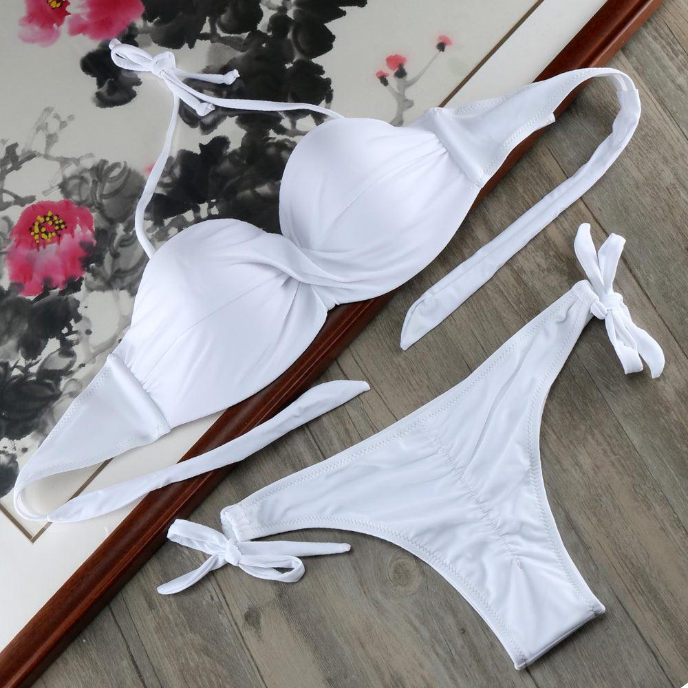 Bikini Solid Strappy Bandage Bikinis Set White Push Up Bikini Swimwear Swimsuit Bathing Suit Women's Ribbed Tie Bikini Adjustable Lace Up Bottom String Women Swimsuit