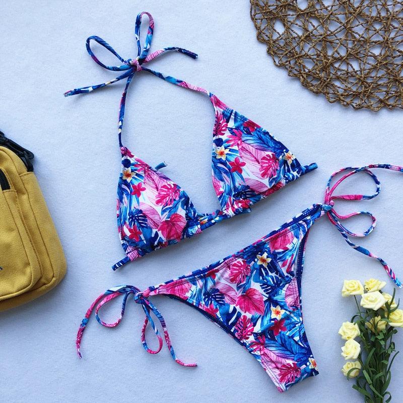 Beautiful Multicolored Women High Waist Bikini Swimwear Women Halter Push Up Bikini Set Swimsuit Women's Flower Print Bikini High Waist Beach Swimsuits Sporty Two Piece Bathing Suit Female Beach Wear Bathing Suit