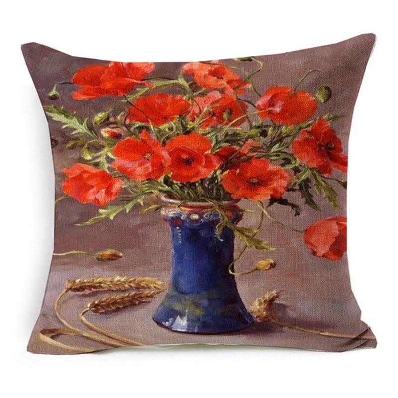 Elegant Oil Painting Flowers Printed Pillow Covers Vintage Style Birds Vase Art Home Decorative Sofa Car Chair Cushion Cover Decorative Throw Pillow Covers for Couch Sofa Bed Oil Painting Flower Farmhouse Cotton Linen Cusion Cover 45X45cm