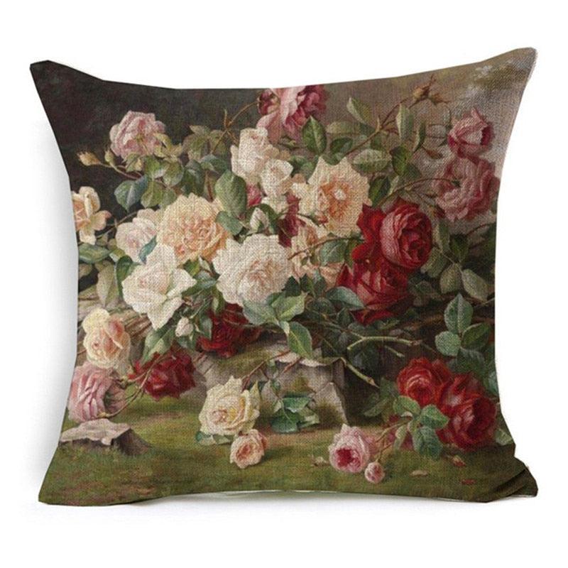 Elegant Oil Painting Flowers Printed Pillow Covers Vintage Style Birds Vase Art Home Decorative Sofa Car Chair Cushion Cover Decorative Throw Pillow Covers for Couch Sofa Bed Oil Painting Flower Farmhouse Cotton Linen Cusion Cover 45X45cm