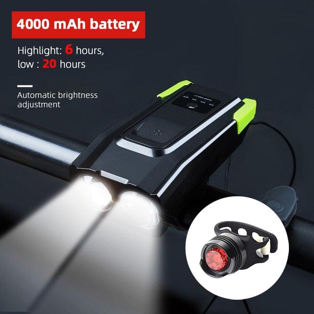 4000mAh Bicycle Front Light Set USB Rechargeable Smart Headlight With Horn 800 Lumen LED Bicycle Light Set USB Rechargeable Super Bright Bike Headlight - STEVVEX Sport - 224, Bicycle Head Lamp, Bicycle Light, Bicycle Light Decoration, bike, bike accessories, Bike Front Light, Bike Headlight, bike light, Bike Light Led Lamp, Front Bike Headlight, Headlight, Safety Warning Bike Light, safety warning horn bell, Safety Warning Light, Warning bike headlight, Waterproof Headlight - Stevvex.com