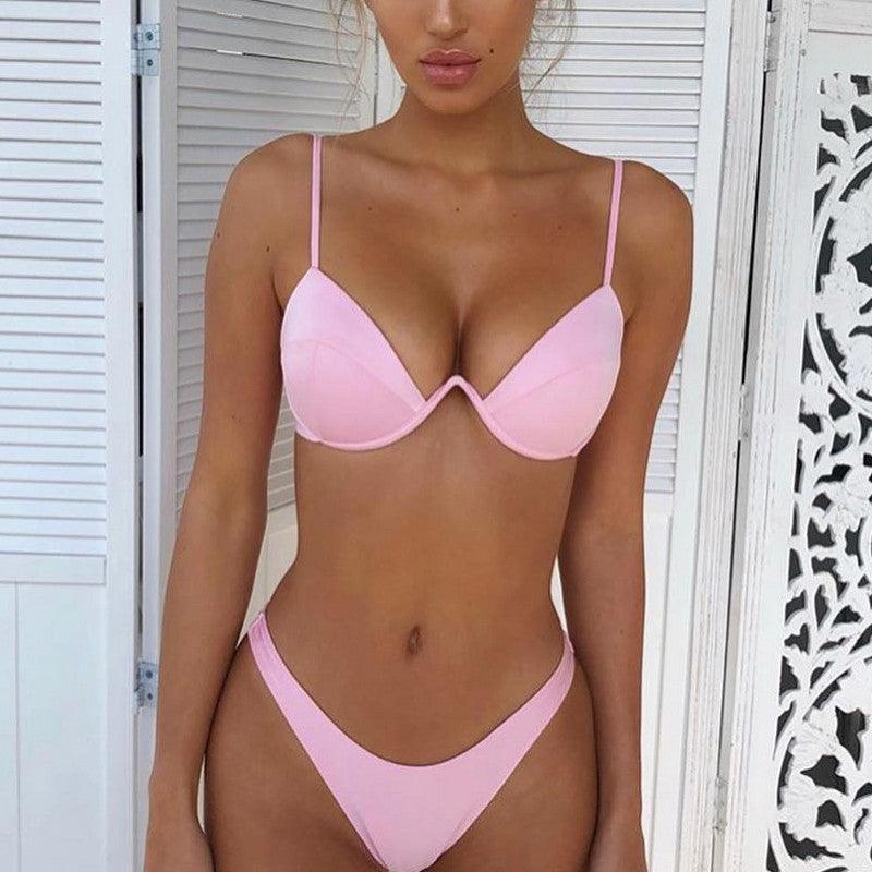 Push Up Unpadded Bikini Set Women 4 Colors Bandage Bikini Set Swimsuit Thong Bottom Swimwear Two Pieces Plain Bikini Bathing Suit Swimwear Bathing