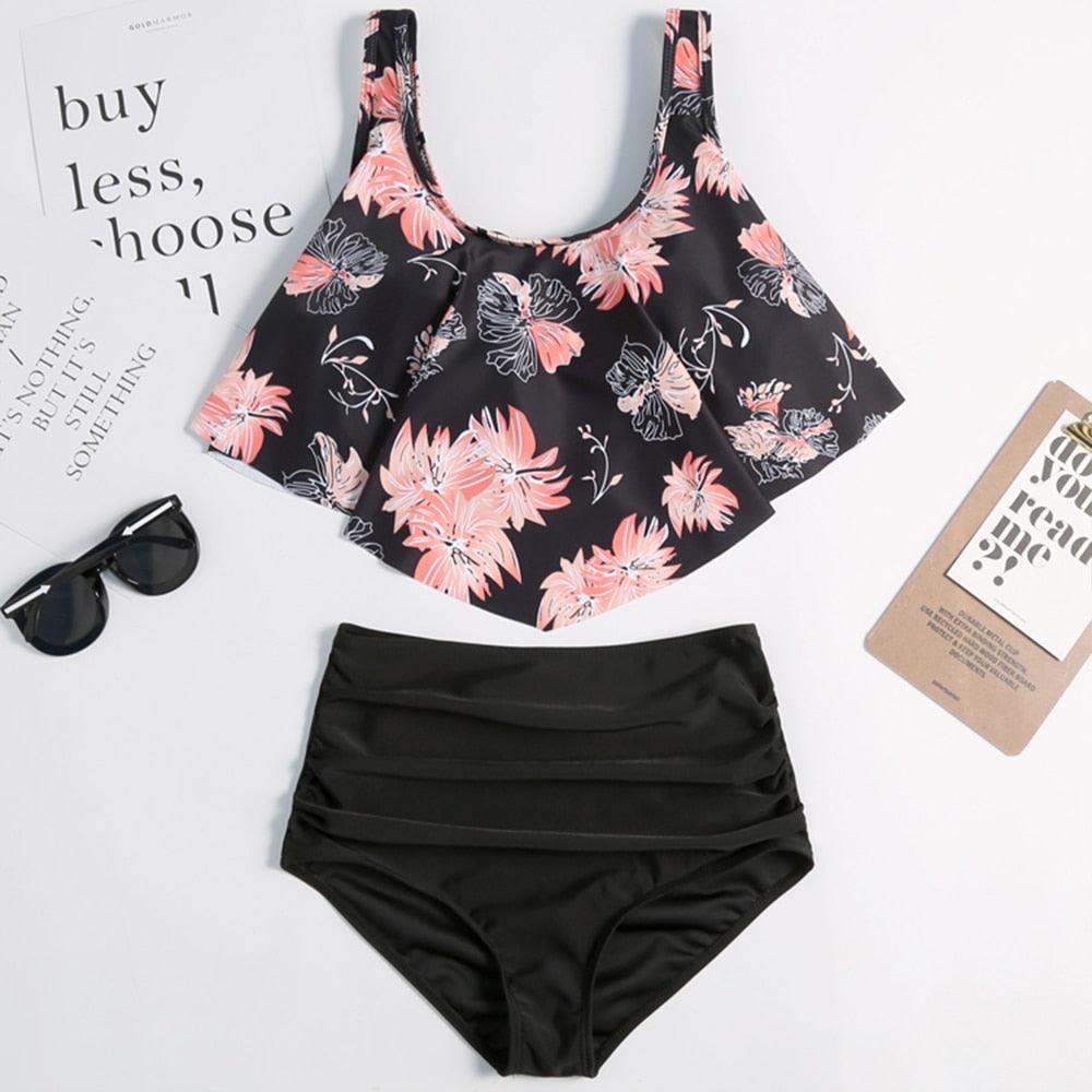 Women High Waist Bikini Plus Size Swimwear Summer Swimsuit Beach Bathing Suit Ruffle Bikini  Floral Printed Ruffle High Waist Bikini Set Women's Tummy Control Bathing Suit Swimsuit Flounce Peplum