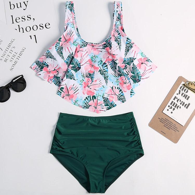 Women High Waist Bikini Plus Size Swimwear Summer Swimsuit Beach Bathing Suit Ruffle Bikini  Floral Printed Ruffle High Waist Bikini Set Women's Tummy Control Bathing Suit Swimsuit Flounce Peplum