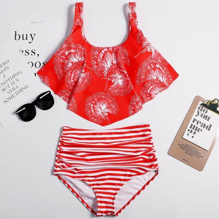 Women High Waist Bikini Plus Size Swimwear Summer Swimsuit Beach Bathing Suit Ruffle Bikini  Floral Printed Ruffle High Waist Bikini Set Women's Tummy Control Bathing Suit Swimsuit Flounce Peplum