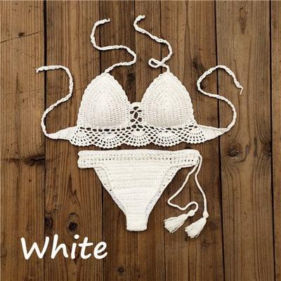 Summer Hand Crochet Women Swimwear Crop Top Push Up Bikini Set Beach Swimsuit Suit Tassel Swim Beach Beachwear Bikini Bra Bikini Swimsuit Women Beach Crochet Crop Summer Halter Bikini