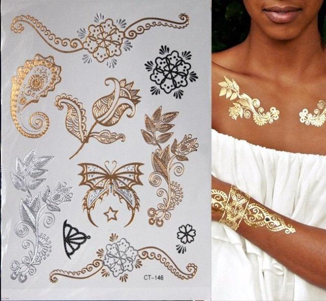 Luxury Flash Metallic Waterproof Temporary Tattoo Gold Silver Flower Tattoo Sticker Long Lasting Gold Design For Womens - STEVVEX Beauty - 103, Arm Tattoo, Beauty, Black Tattoos, Body Tattoo, Colorful Tattoo, Different Tattoo, Face Tattoo, Fashion Tattoo, Finger Tattoo, Flower Tattoo, Girls Tattoo, Gold Tattoo, Leg Tattoo, Luxury Tattoo, Metallic Tattoo, Stylish Tattoo, Tattoo, Waterproof Tattoo, Wedding Tattoo, Women Tattoo, Womens Tattoo - Stevvex.com