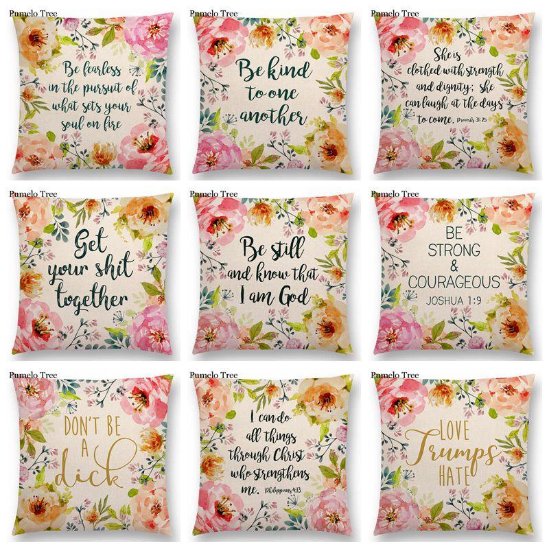 Newest Floral Quotes Decorative Pillow Covers Fresh Flowers Garland Inspirational Words Decorative Cotton Linen Throw Pillow Cushion Covers And Gifts For Women Daughter Mum Best Friend Birthday Home Decorations