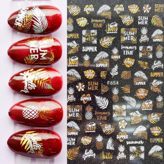 Summer Glitter Nail Decals Stickers Gold Black White Leaf Manicuring Foils Geometric Slider Nail Art Adhesive Decor Adhesive 3D Wave Design Decoration for Women Girls Art Stickers Decal Decoration Metallic Curve Strip Line Nail Decor